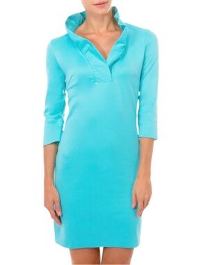 Gretchen Scott Ruffneck Solid Turquoise Dress Ruffled Collar Size Medium